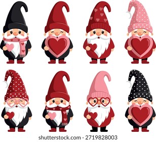 Große Sammlung von neun verschiedenen Zwergfiguren, die in einem Raster angeordnet sind und jeweils ein rotes Herzelement enthalten. Professionelle Vektorgrafik mit einer abwechslungsreichen Farbpalette von rosa, roten und lila gemusterten Hüten, ideal für Valentinstag-Themenpapiere, romantische Grußkarten und festliche Oberflächenmuster-Designs