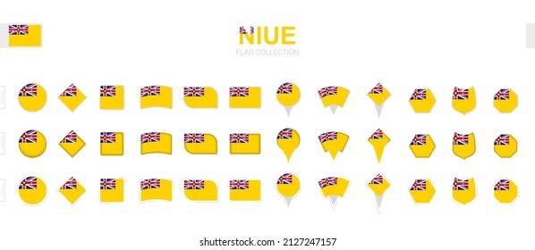Gran colección de banderas Niue de varias formas y efectos. Gran conjunto de indicadores vectoriales.
