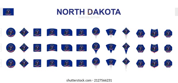 Gran colección de banderas de Dakota del Norte de diversas formas y efectos. Gran conjunto de indicadores vectoriales.