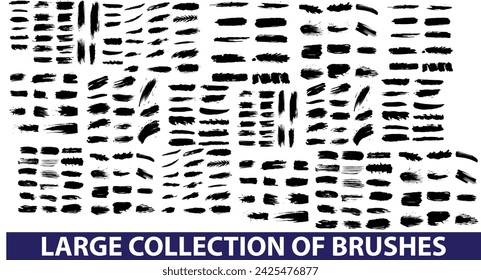 large collection o paint brushes, strokes black paint textures Isolated on white background. hand drawn