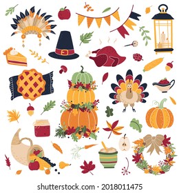 Large collection of objects and items for Thanksgiving. Traditional dishes, clothes, decor for the national American autumn holiday. Elements and cliparts for the design of greeting cards, stickers