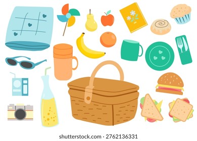 A large collection of outdoor dining essentials including a wicker basket, sandwiches, fresh fruits, and colorful tableware. The set features everything needed for a perfect day in the park, from a cozy blanket to refreshing drinks and snacks. These bright elements are ideal for creating seasonal compositions or illustrating healthy lifestyle activities