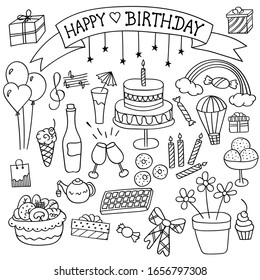 Gran colección de doodles de fiesta. Ilustración vectorial aislada en un fondo blanco.Elementos de diseño tradicionales para la decoración en cumpleaños, boda, impresión, banner.