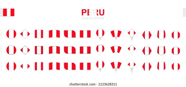 Large collection of Peru flags of various shapes and effects. Big set of vector flag.