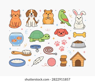 Large collection of pet icons featuring happy domestic animals like cat dog hamster parrot rabbit and turtle. Set includes essential pet care items such as food bowl dog house leash collar grooming brush and toys for animal welfare and veterinary service designs.