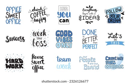 Large collection of phrase about job, work in office. Hand draw lettering calligraphy job set in black and blue color. Vector illustration.