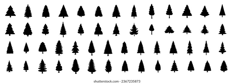 Large collection of pine trees silhouette. Han drawn fir trees silhouette. Vector illustration.