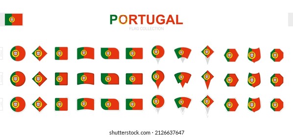 Large collection of Portugal flags of various shapes and effects. Big set of vector flag.
