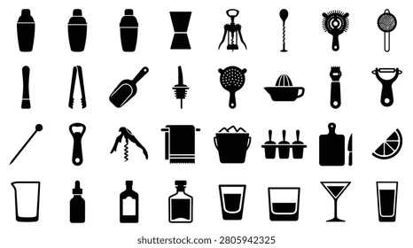 Large collection of professional bartender tool icons and mixology equipment silhouettes including shakers, jiggers, strainers, glassware, and accessories on a plain white background.
