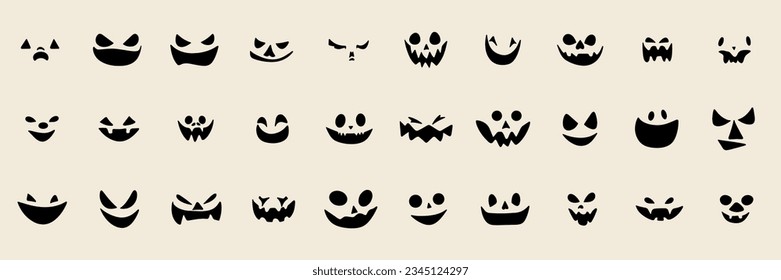 Large collection of Pumpkin face. Set of Halloween faces. Hand drawn vector illustration.