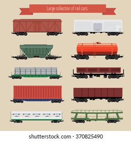 Large collection of rail freight wagons. Ten different types of cars include freight cars, dump-car, open wagon, road cars, refrigerators, hopper, tank and other