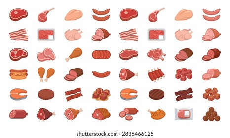 Large collection of raw meat and poultry products for butchery shop and cooking menu flat vector illustration.