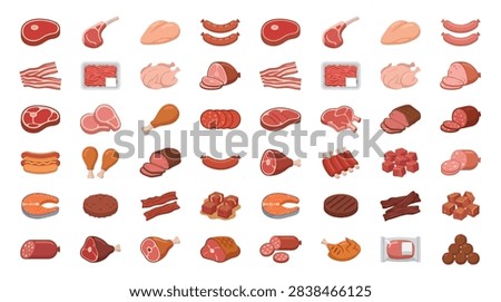 Large collection of raw meat and poultry products for butchery shop and cooking menu flat vector illustration.