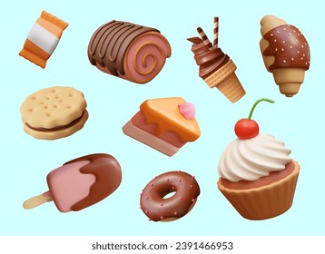 Large collection of realistic sweets and desserts in cartoon style. Soft ice cream, croissant, Swiss roll, cupcake, popsicle, candy, donut, cookie sandwich, piece of cake