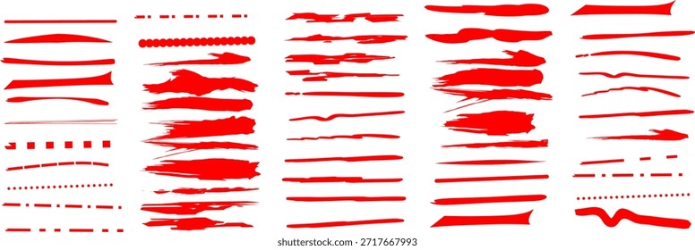 Grande coleção de traçados de pincel vermelho, linhas de tinta e marcas texturizadas em um plano de fundo branco. Ideal para design gráfico, tipografia, arte moderna e sobreposições criativas.