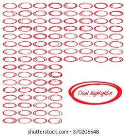 Large collection of red oval, highlight circle, red pen drawn marks, red circle shape set.