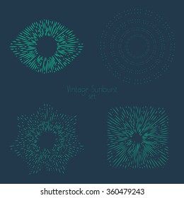 Large collection of retro sunburst. Set of vintage light rays. Hand drawn vector design frames.