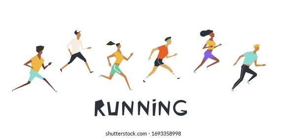 Large collection of running people. Set vector illustration.