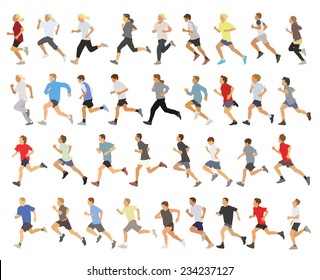 Large collection of running silhouettes, teenagers, boys and girls.