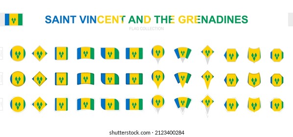 Large collection of Saint Vincent and the Grenadines flags of various shapes and effects. Big set of vector flag.