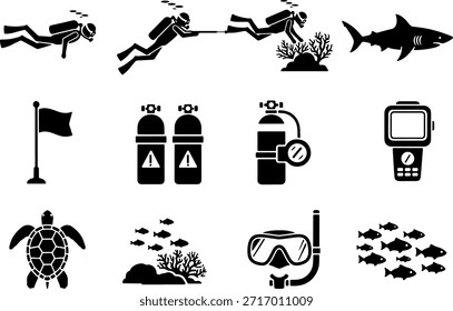 large collection of scuba diving icons and underwater sea life symbols including divers shark turtle and snorkeling gear on white