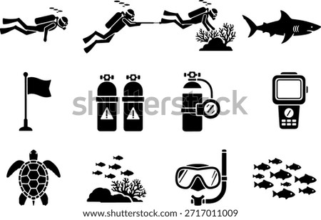large collection of scuba diving icons and underwater sea life symbols including divers shark turtle and snorkeling gear on white