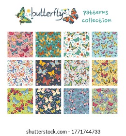 A large collection of seamless patterns with butterflies. Vector graphics.