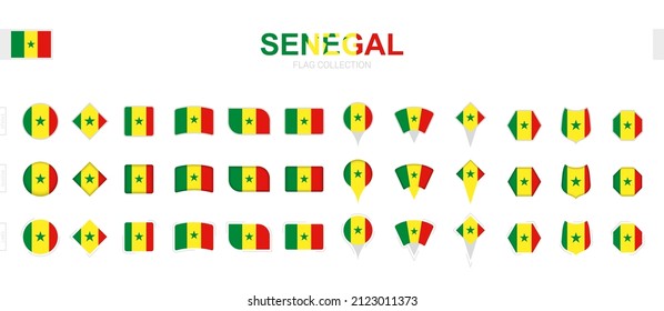 Large collection of Senegal flags of various shapes and effects. Big set of vector flag.