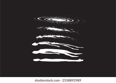 Large collection or set of artistic white paint hand made creative brush strokes isolated on black background, metaphor to art, grunge or grungy, sketch, education or abstract design
