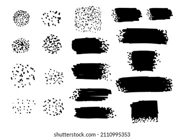 Große Kollektion von schwarzen Farbensätzen, Pinselstrichen, Filzstiften, Pinseln, Linien. Schmutzige Elemente des künstlerischen Designs. Vektorgrafik. Einzeln auf weißem Hintergrund.