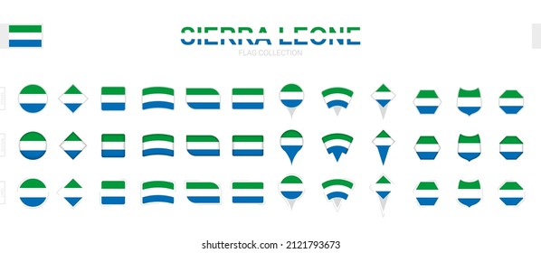 Large collection of Sierra Leone flags of various shapes and effects. Big set of vector flag.