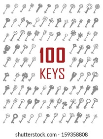 Large collection of silhouettes of golden keys. Vector icons of different styles, new and vintage.