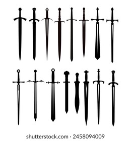 Large collection of silhouettes of swords from different eras - vector illustration	
