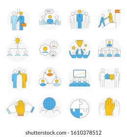Large collection of simple teamwork icons depicting collaboration and cooperation with business people, handshakes, puzzle pieces, competition, assistance, meetings and support, vector design elements