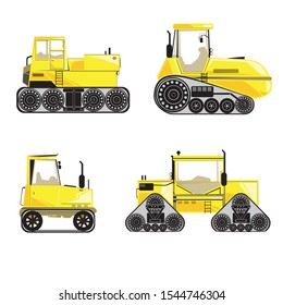 A large collection of single tractors isolated on a white background. A yellow transport vehicles with mirrors, radiator, cab for dealers. A vector illustration with tractor for design.