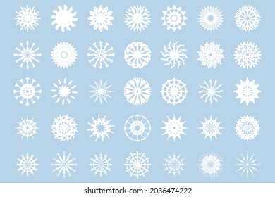 Large collection of snowflakes by 2022. 35 vector elements for decoration, wrapping paper and gifts. New Year and Christmas decorations.