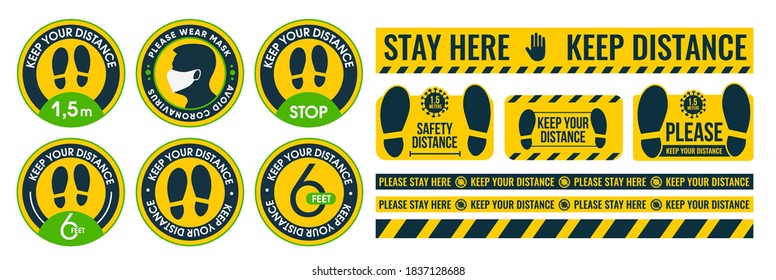Large collection of social distance floor stickers, round and linear. For printing. Install where there are a lot of people. In yellow and green tones. Against coronavirus and covid-19. Stay here