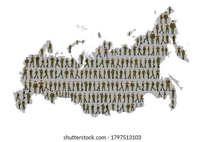 Gran colección de tropas de soldados sobre el mapa ruso de ilustraciones vectoriales aisladas en fondo blanco. Diferentes soldados del ejército se pusieron por encima del mapa de Rusia: General, sargento, oficiales, comandante, capitán.