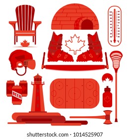 A large collection of stereotypical Canadian icons in different tones of red.