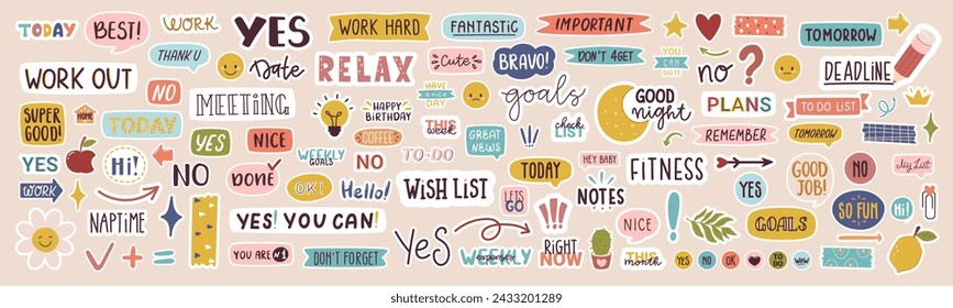 Large collection of stickers for daily planner including images and quotes. Vector illustration.