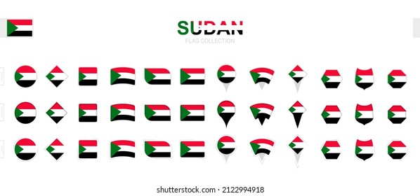 Large collection of Sudan flags of various shapes and effects. Big set of vector flag.