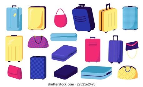 Large collection suitcases, bags, vector illustration. Set designer stylish accessories for travel, trip. Bright colors, elegant handbags designs.