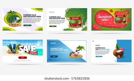 Large collection of summer discount banners in different styles for your website. Summer sale and discount week, banners for website with buttons. Creativity collections