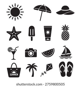 Large collection of summer vacation beach icons and symbols including sun palm tree pineapple camera and tropical travel elements