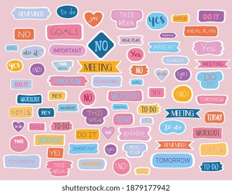 Large collection of tags for a fashion planner or organizer with assorted times of day, to do lists and no and yes icons on a pink background, vector design elements