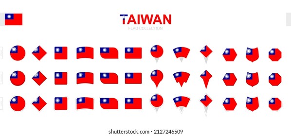 Large collection of Taiwan flags of various shapes and effects. Big set of vector flag.