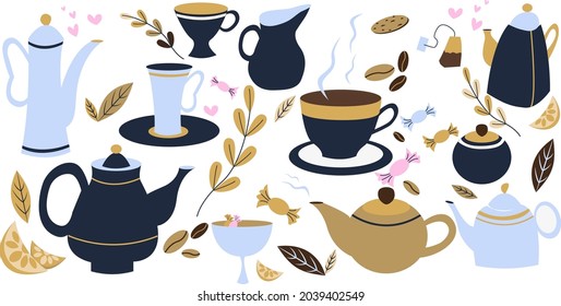 A large collection of tea and coffee cups, mugs, teapots. Tea leaves, coffee grains, sweets and cookies
