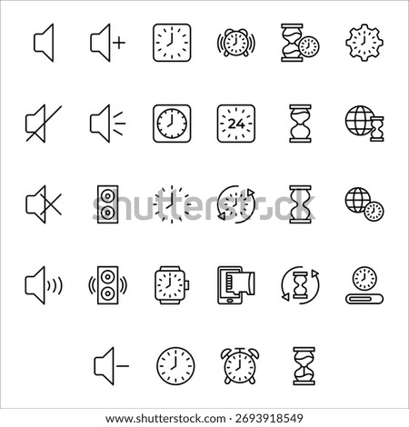 Large collection of time and audio line interface icons.
