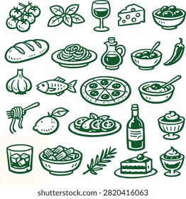A large collection of traditional Italian culinary dishes and fresh cooking ingredients drawn in green line art doodles. Includes vine tomatoes, basil, wine glass and bottle, cheese, olives, bread loaf, spaghetti, olive oil, pizza, fish, caprese salad, rigatoni pasta, rosemary, and cake.A large collection of traditional Italian culinary dishes and fresh cooking ingredients drawn in green line art doodles. Includes vine tomatoes, basil, wine glass and bottle, cheese, olives, bread loaf, spaghetti, olive oil, pizza, fish, caprese salad, rigatoni pasta, rosemary, and cake.