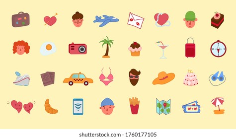 Large collection of travel and holiday icons for a tropical summer getaway at the seaside, colored vector illustration